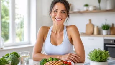 Femme souriante avec repas sain