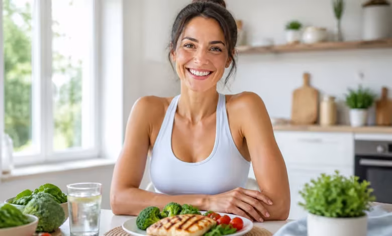 Femme souriante avec repas sain